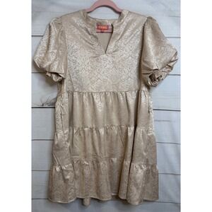 THML Champagne Gold Damask Jacquard Puff‎ Sleeve Tiered Babydoll Dress Party